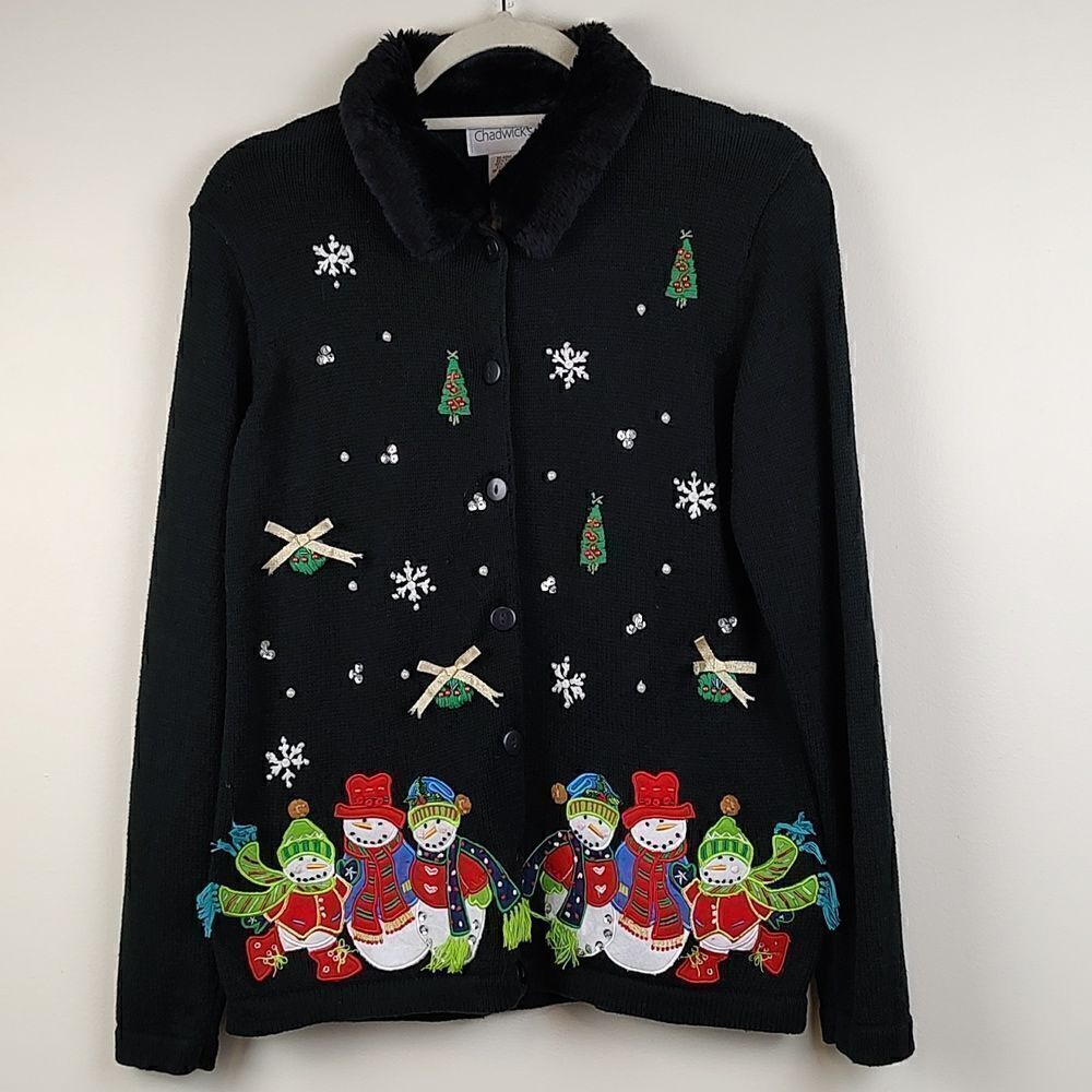 Chadwick's Black Cardigan Applique Embroidered Snowmen Christmas Sweater